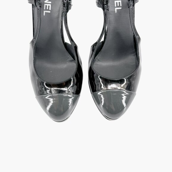 Chanel Cap Toe Slingback Pump Size 38.5 US 7.5-8 Black Patent Platform High Heel - Picture 3 of 14